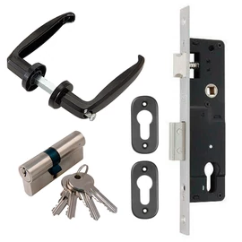 Portálzár garnitúra 40-es, 22/85, zárbetét 30x30, kilincs, rozetta  fekete ANBO Portálzár garnitúra 40-es, 22/85, zárbetét 30x30, kilincs, rozetta  fekete ANBO